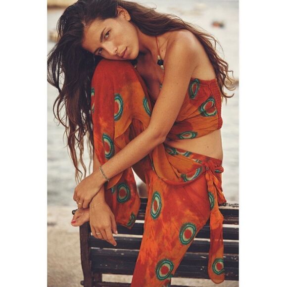 NWT Zara Orange Printed Beaded Halter Crop Top, Size Medium - Picture 6 of 16